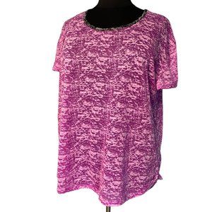 FullBeauty Sport Pink Burnout Short Sleeve Top with Neckline Detail